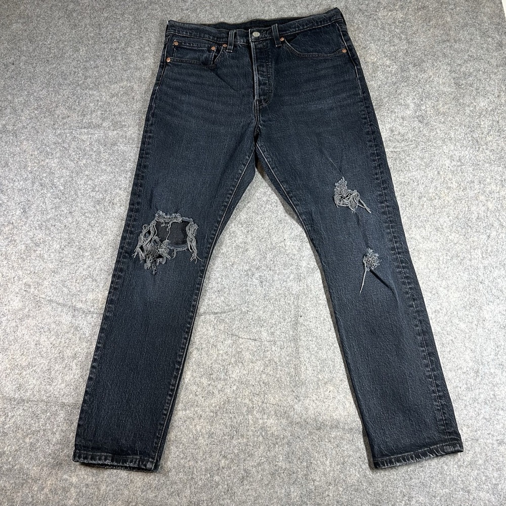 Levis Jeans Womens 30x28 Black Straight Premium 501 Dark Wash Distressed